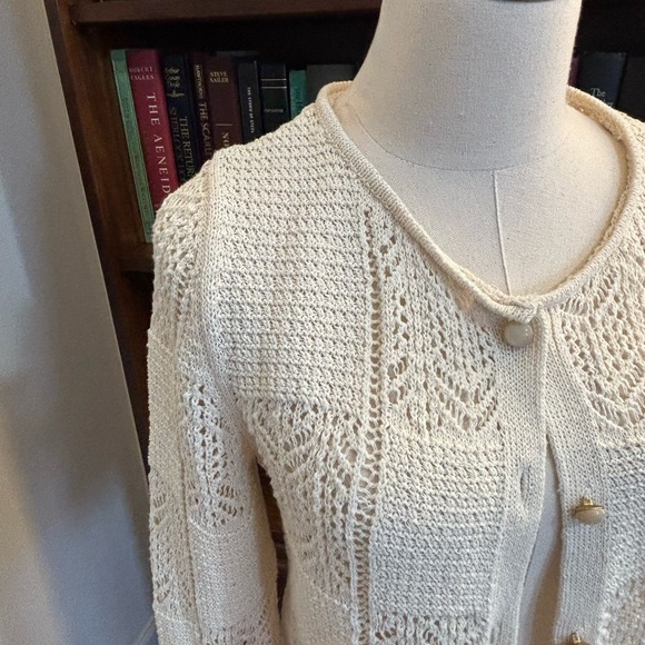 ZARA Pointelle Ivory Knit Cardigan SZ Medium - Picture 3 of 5